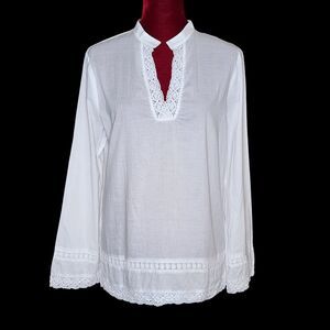 Jones New York Sport Lace Trim White Tunic Blouse Women's Medium Embroidered
